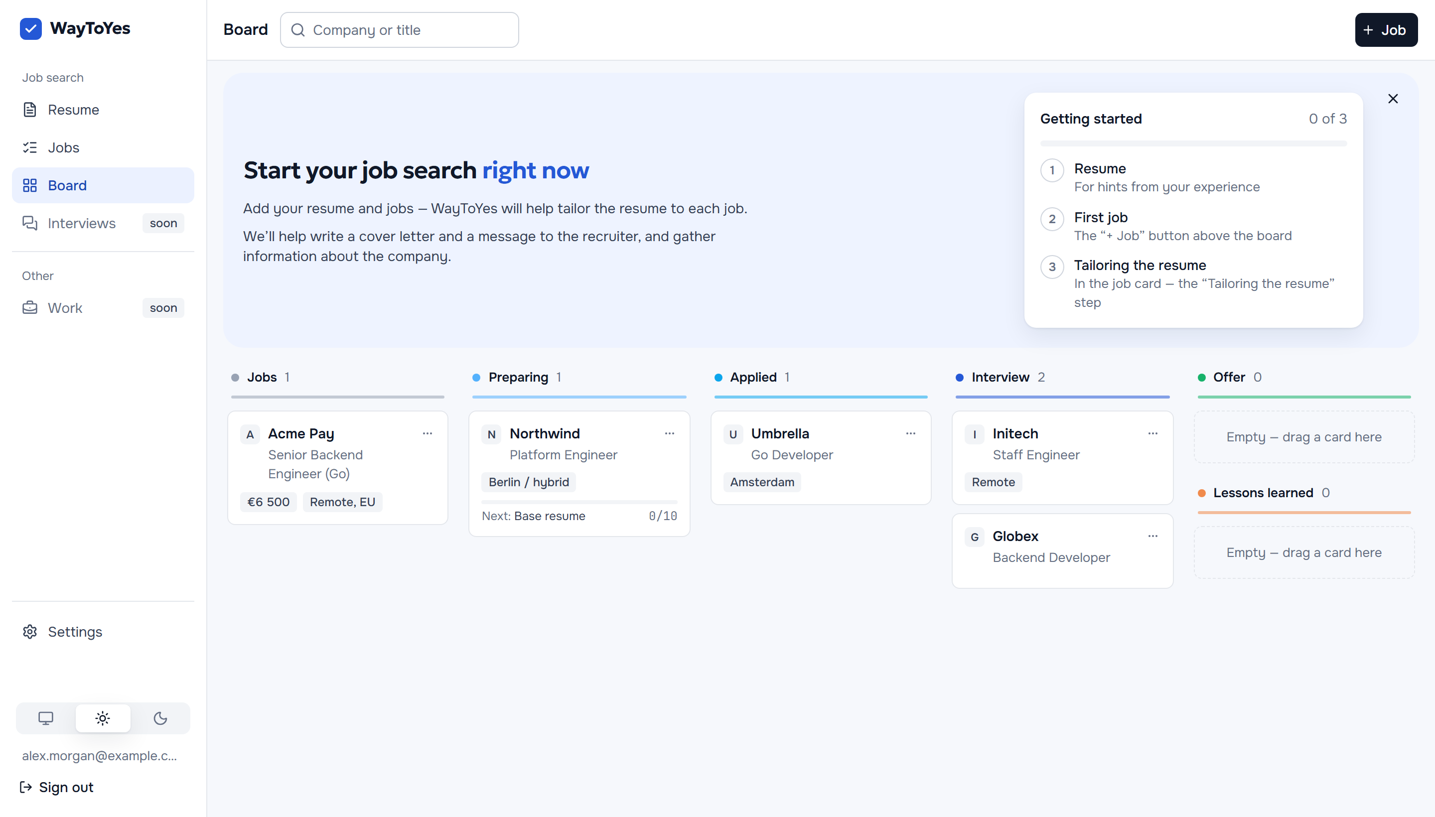 WayToYes with sample jobs in stages: Jobs, Preparing, Applied, Interview, Offer